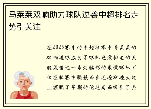 马莱莱双响助力球队逆袭中超排名走势引关注
