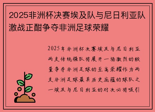 2025非洲杯决赛埃及队与尼日利亚队激战正酣争夺非洲足球荣耀